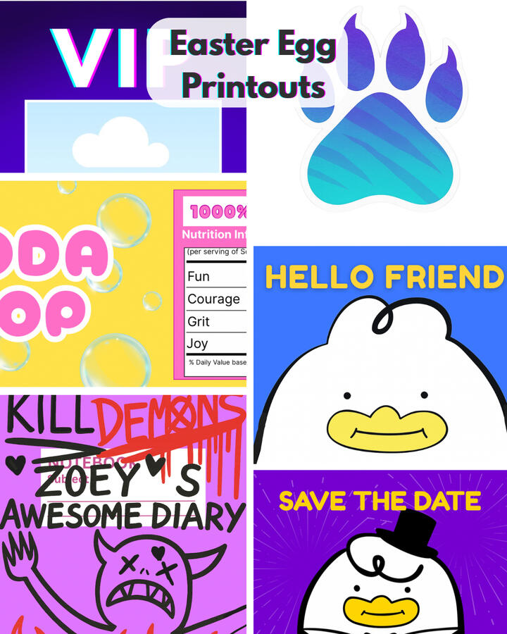 K-Pop yoga Easter Egg printables including Soda Pop can wrap, duck poster, Kill Demons notebook cover, Save the Date card, and customizable VIP badge.