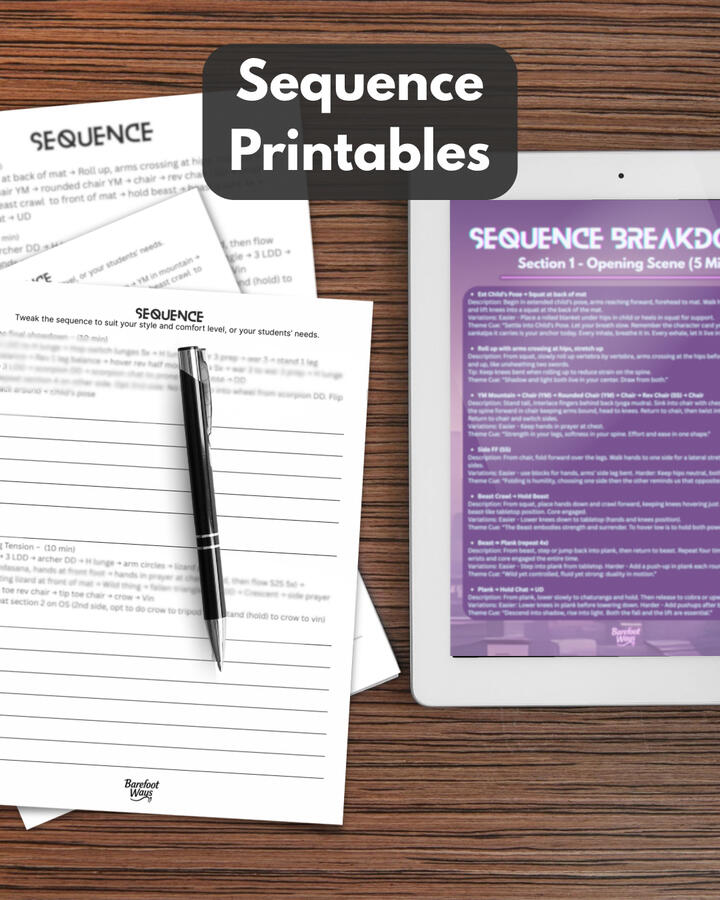 Printable yoga sequence sheets and breakdown guide from the K-Pop Yoga Cinematic Workshop Kit, with detailed cues and class flow reference pages.